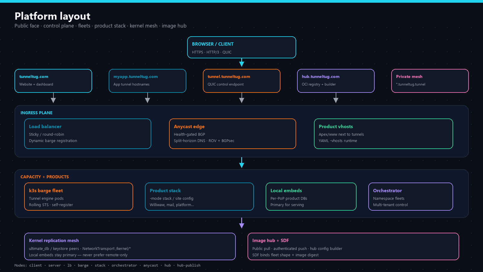 TunnelTug platform layout: domains, ingress, fleets, kernel mesh, hub
